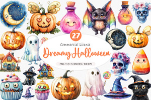 Dreamy Cute Halloween Clipart, an Illustration by SinaCreation