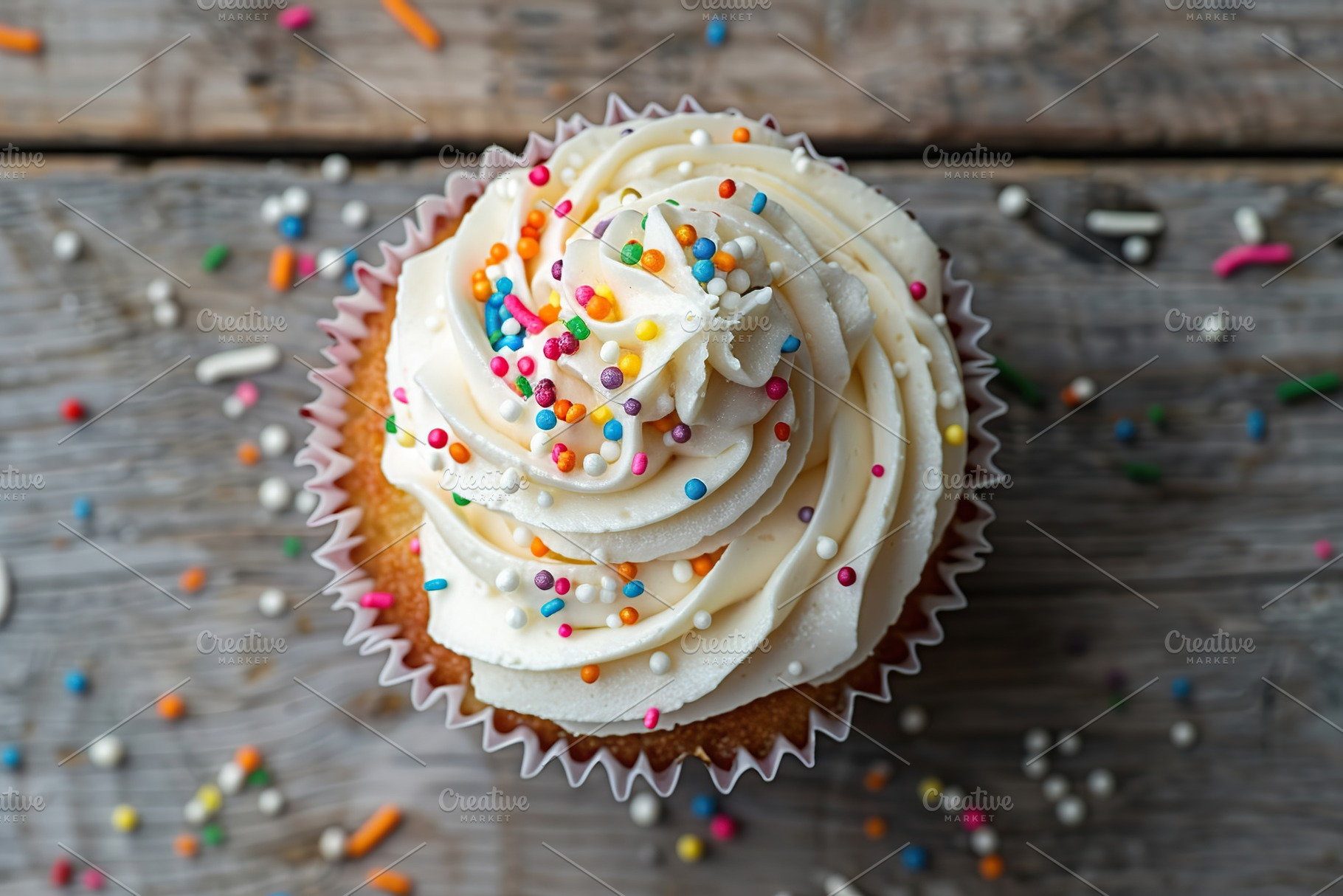 Tasty cupcake with butter cream and sprinkles on wooden background, a Food & Drink Photo by AlyaAnd