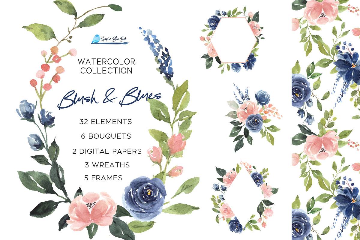 Blush and Blue Watercolor Flowers, an Illustration by Graphic Blue Bird (Photo 1 of 9)