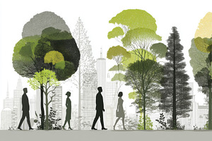 People walking amidst trees blending urban and natural environments, an Illustration by AS photostudio