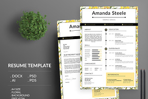 Yellow Floral Resume Template / N, a Resume Template by Showy68 Template