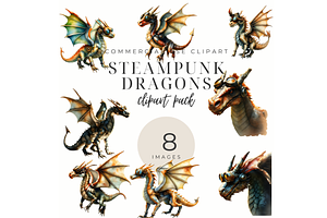 8 watercolor Steampunk Dragons