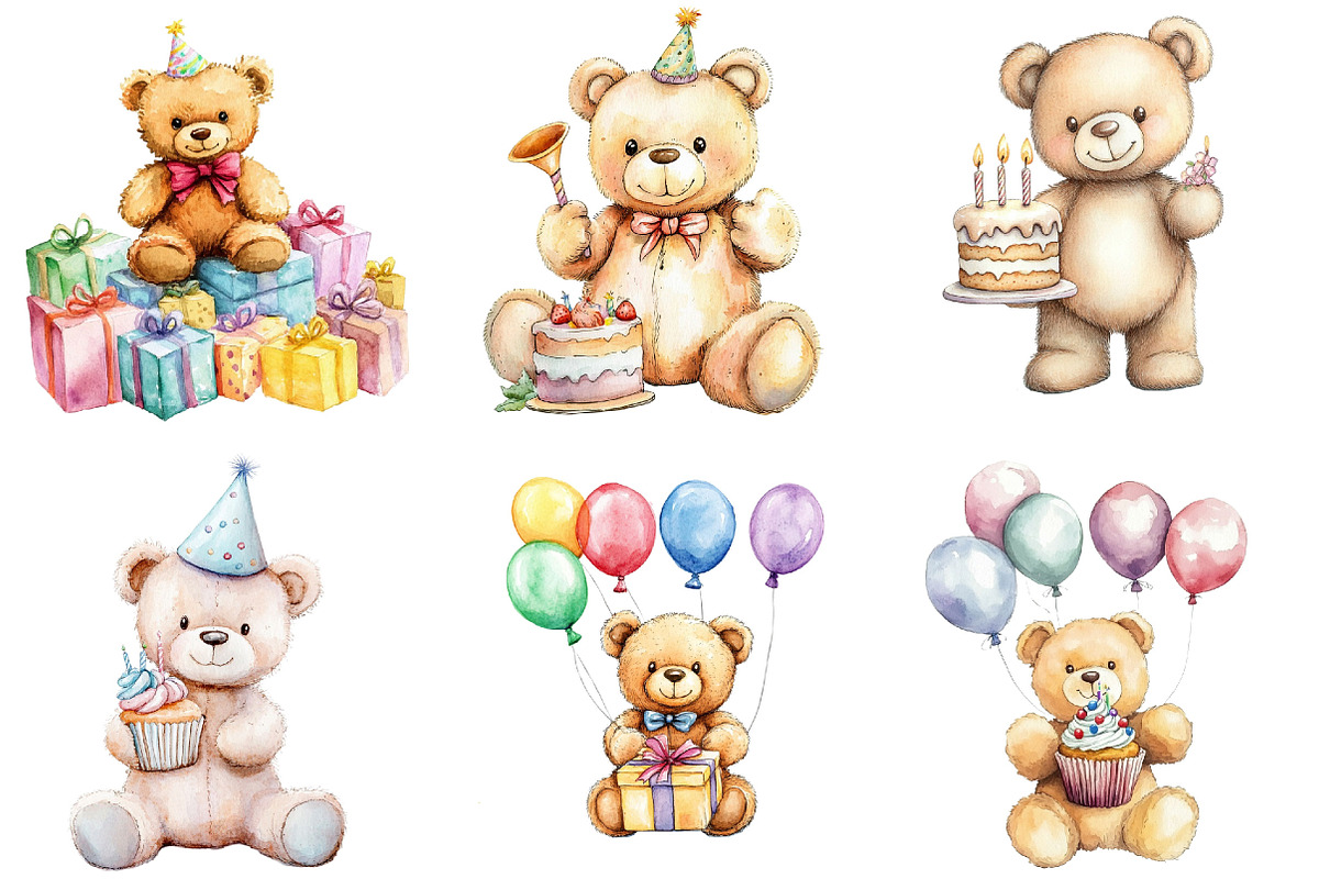 Watercolor Birthday Bears Clipart, an Illustration by Pixels.Craft (Photo 2 of 7)
