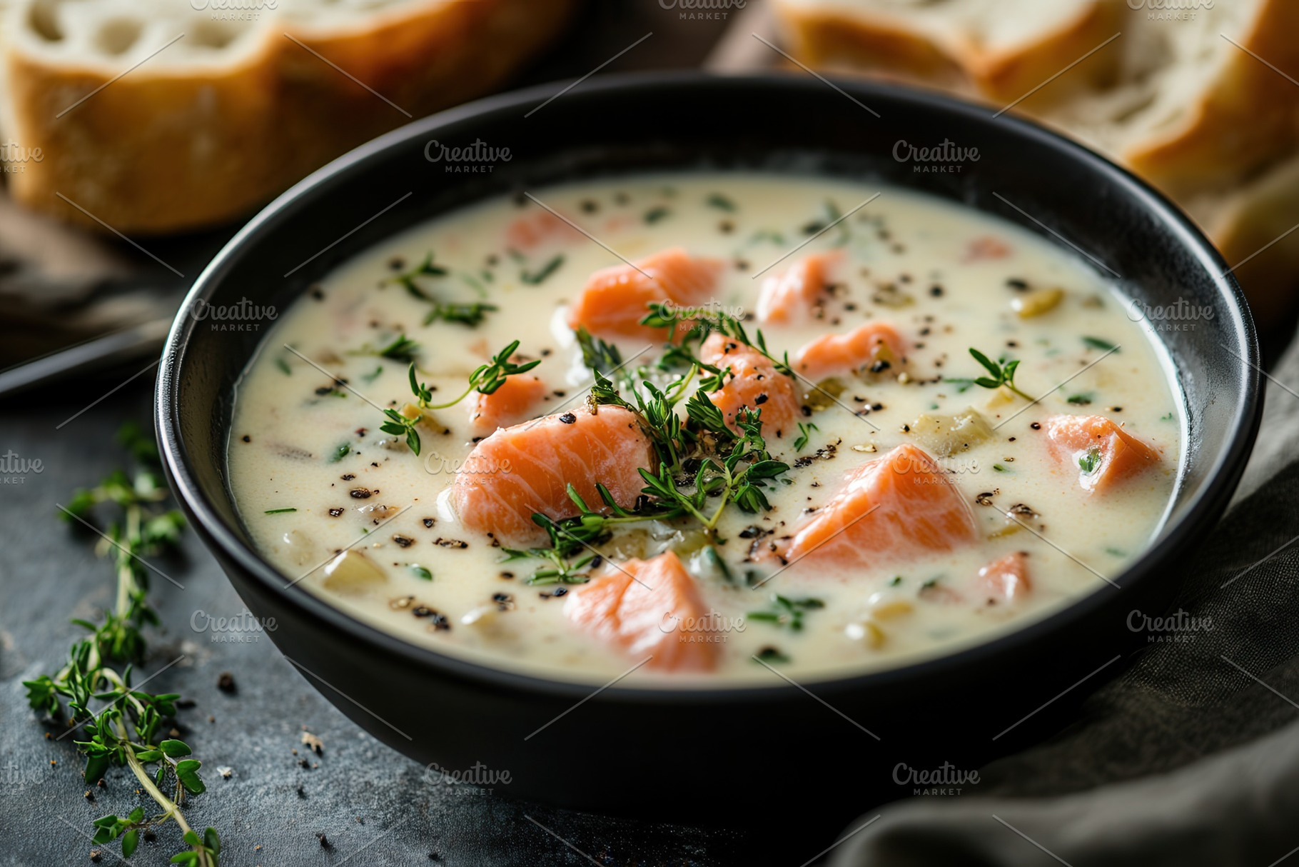 A close-up of creamy seafood chowder, a Photo by Pavel_design