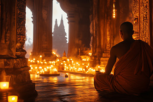 Monk meditates peacefully in temple, a Person Photo by MistyDay
