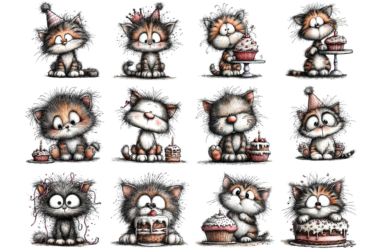 Whimsical Birthday Cats Clipart, an Illustration by DreamArtGraphic (Photo 4 of 5)
