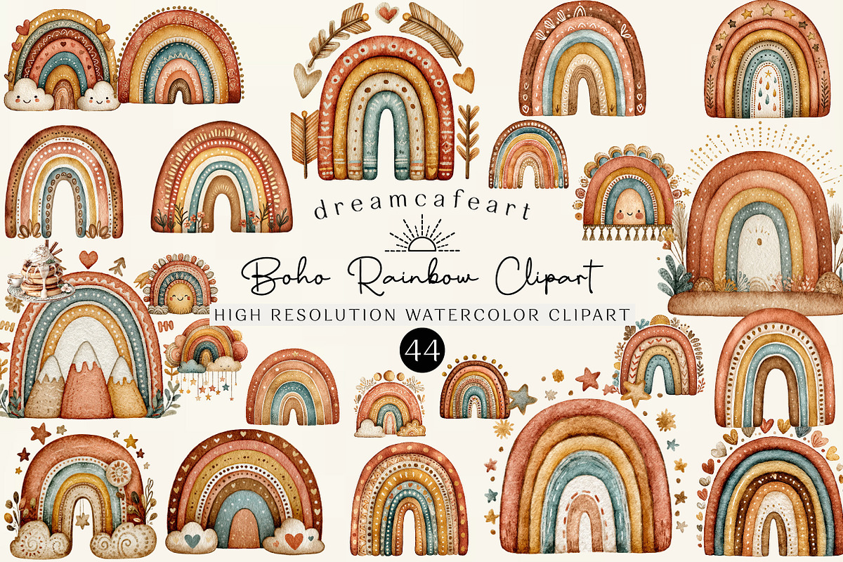 Watercolor Boho Rainbow Clipart, an Illustration by DreamCafeArt (Photo 1 of 6)