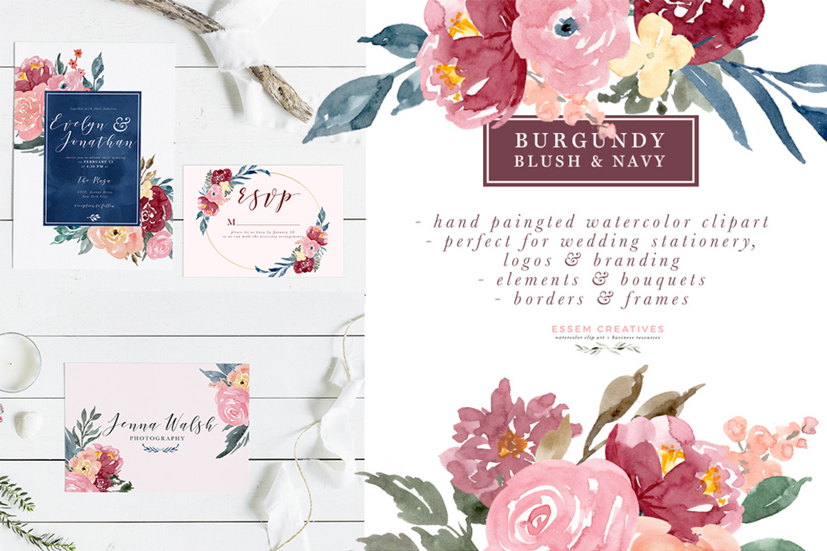 Burgundy Blush Navy Flowers Clipart, an Illustration by Essem Creatives (Photo 1 of 7)