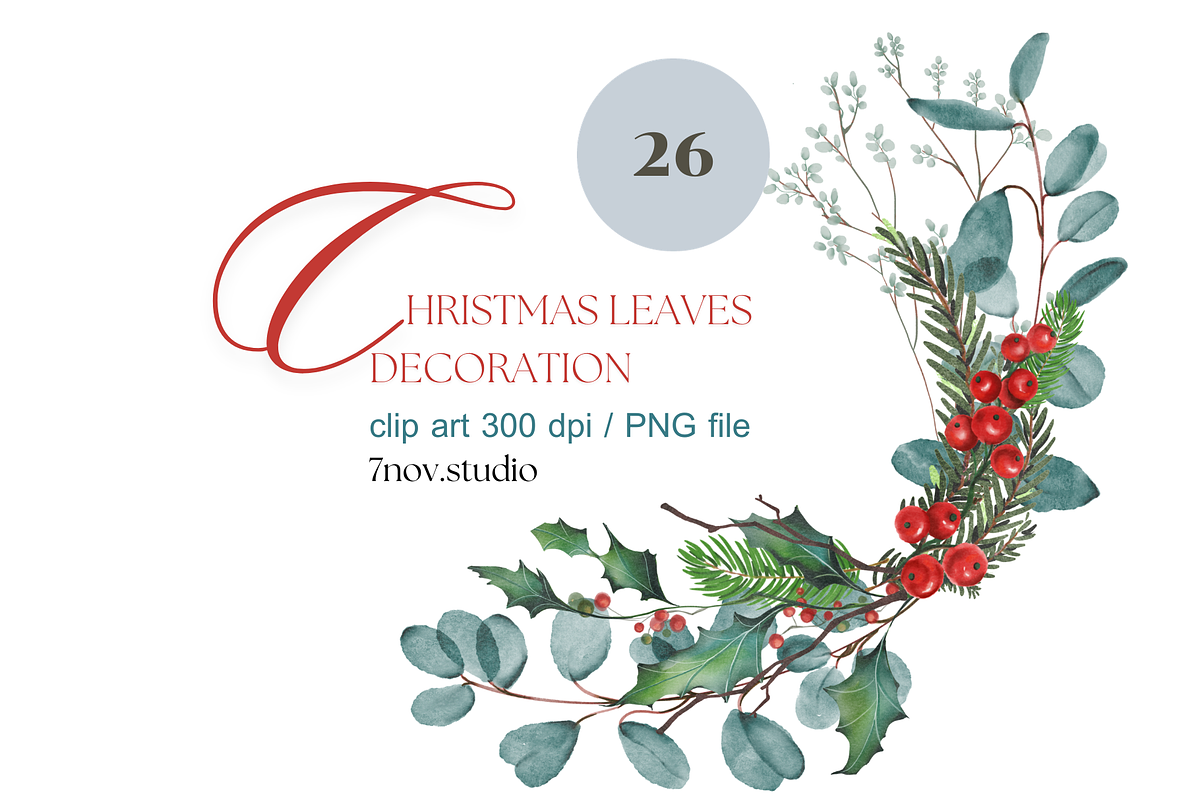 Christmas Leaves Decoration, a Seasonal Illustration by 7nov.studio (Photo 1 of 7)