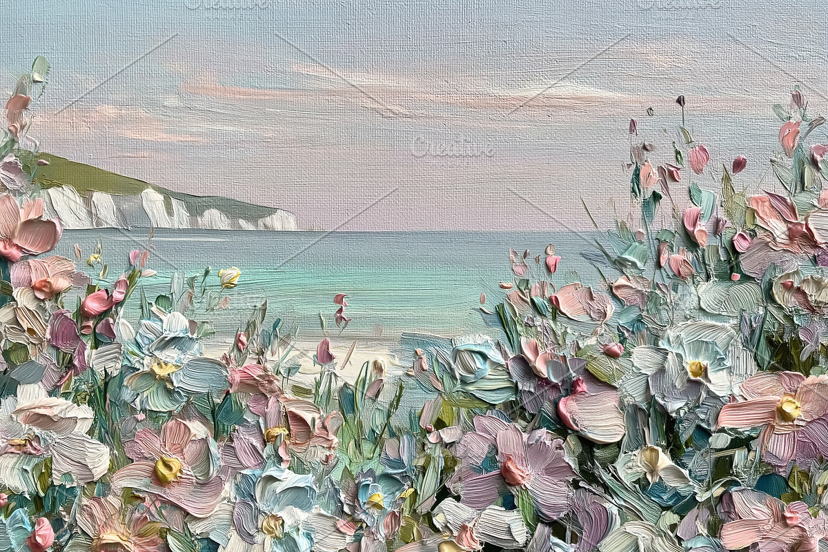 Fine Art. Coastal seascape oil painting showing pastel flowers b, a Decorative Illustration by Studio ANNA