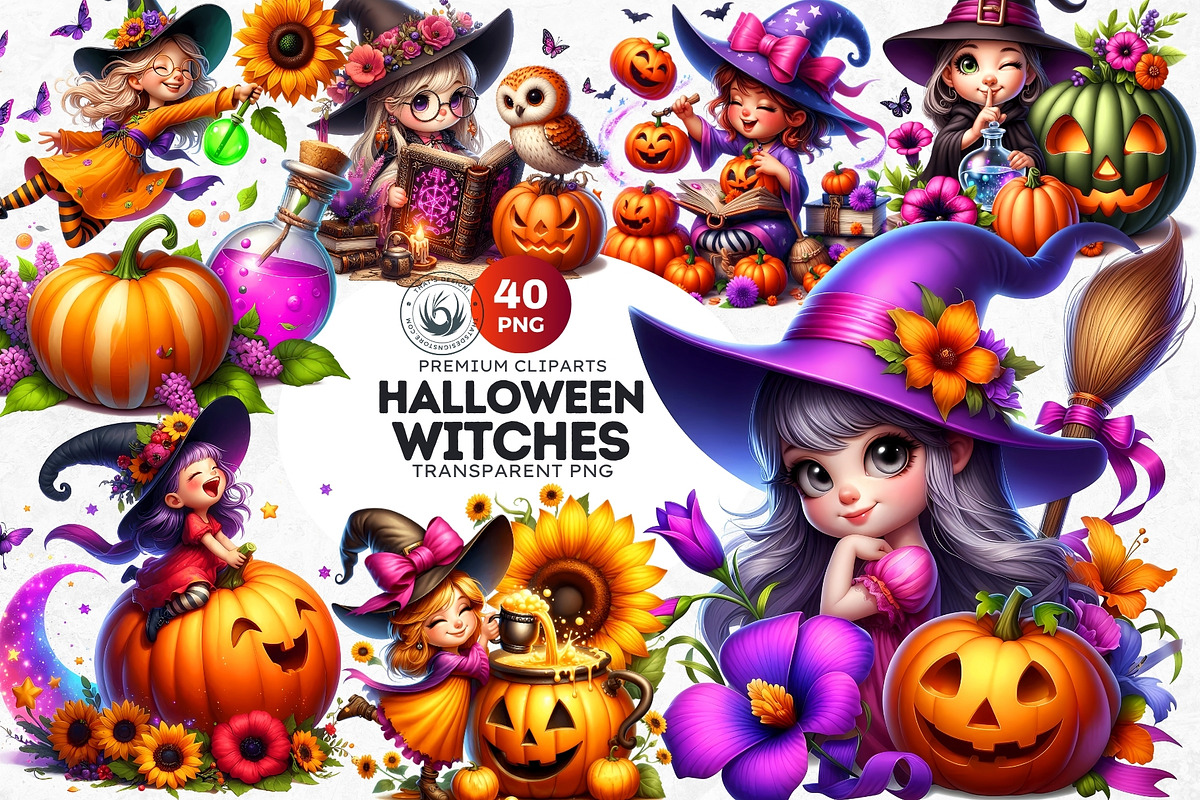 Playful Halloween witches cliparts, a Seasonal Illustration by ThatsDesignArt (Photo 1 of 10)