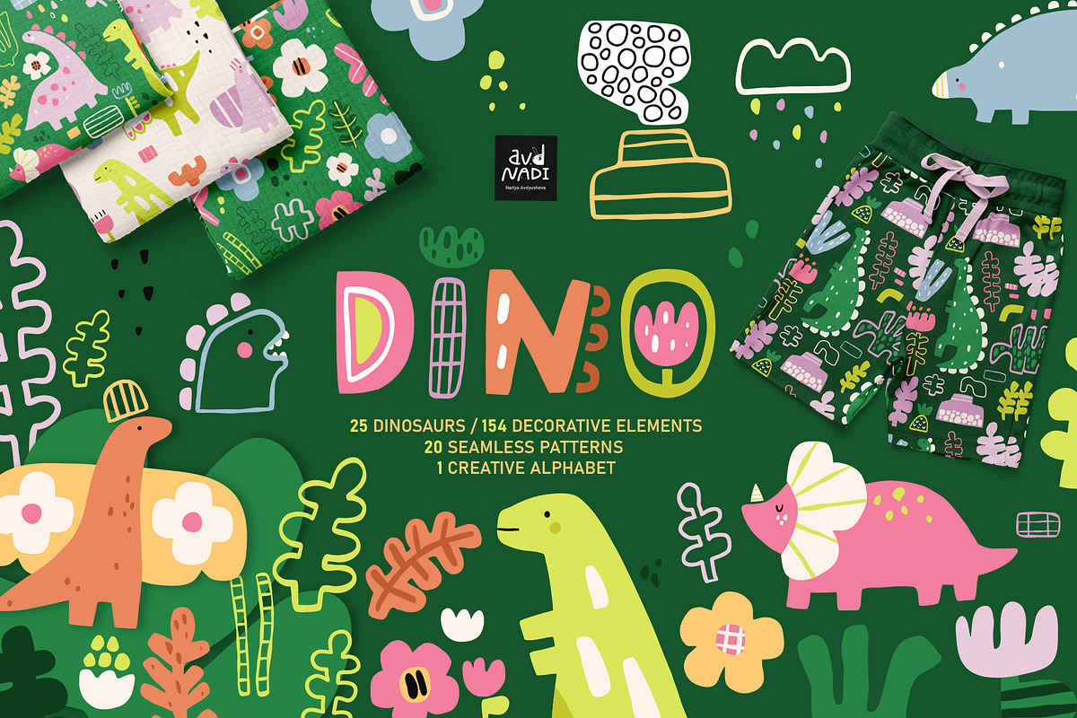 Dino cliparts and patterns, an Animal Illustration by avdnadi (Photo 1 of 10)