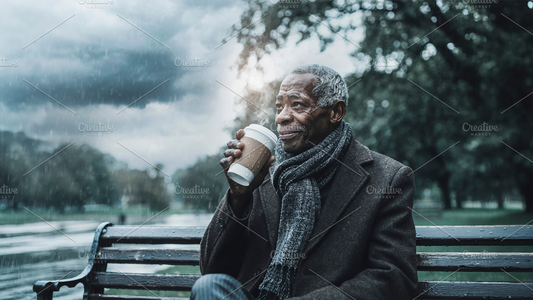 Elderly black man enjoying hot coffee in park, a Person Photo by DanFLCreativo