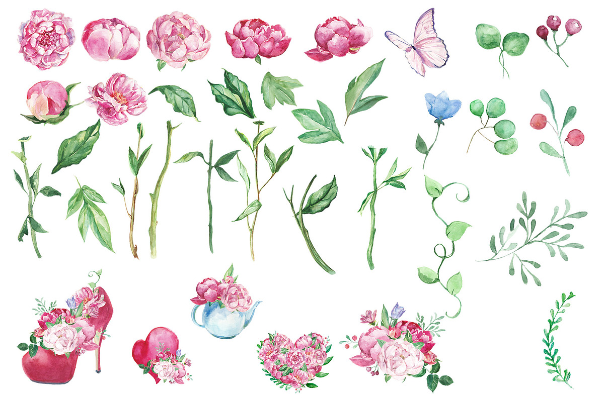 Romantic bouquet watercolor set, an Illustration by DollyPotterson (Photo 3 of 8)