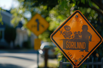A yellow street sign indicating a sc, a Photo by Iftikhar Alam