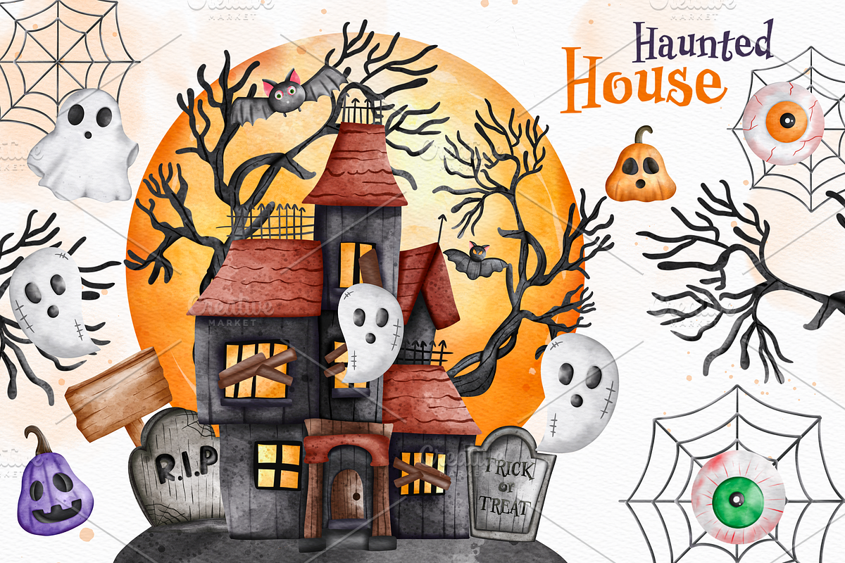 Haunted House Halloween Clipart, a Decorative Illustration by Apixsala (Photo 1 of 14)