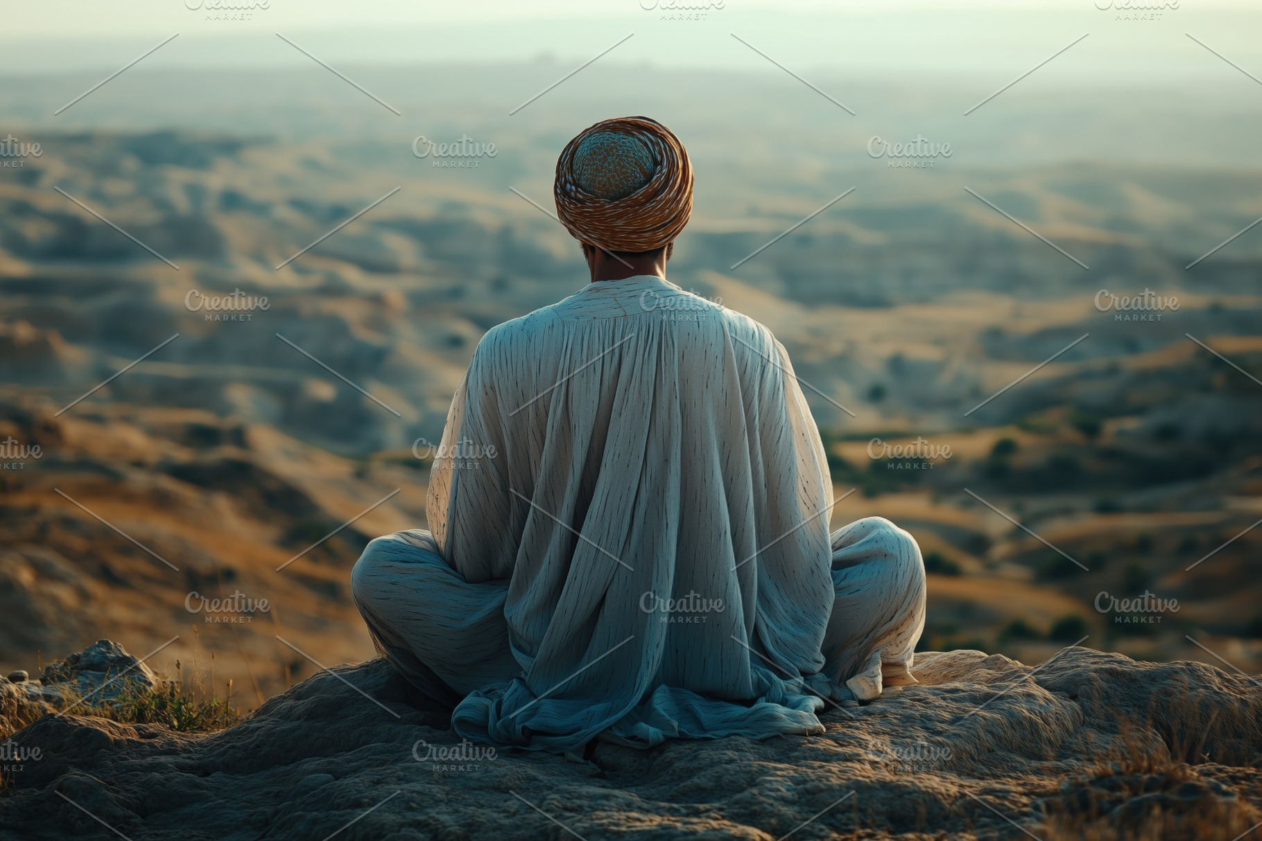 A serene arabic figure sitting cross-legged on a rocky outcrop, overlooking a v, a Person Photo by Textures & Backgrounds