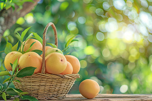 Fresh grapefruits in basket on blurred green background, a Food & Drink Photo by AlyaAnd
