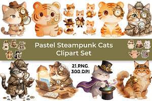 Steampunk Cat Clipart Set - 21 PNG, an Animal Illustration by InkyQueenArt