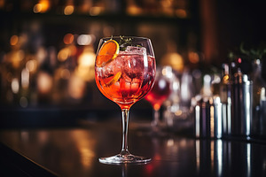 Alcohol cocktail in wineglass on bar table, a Food & Drink Photo by AlyaAnd