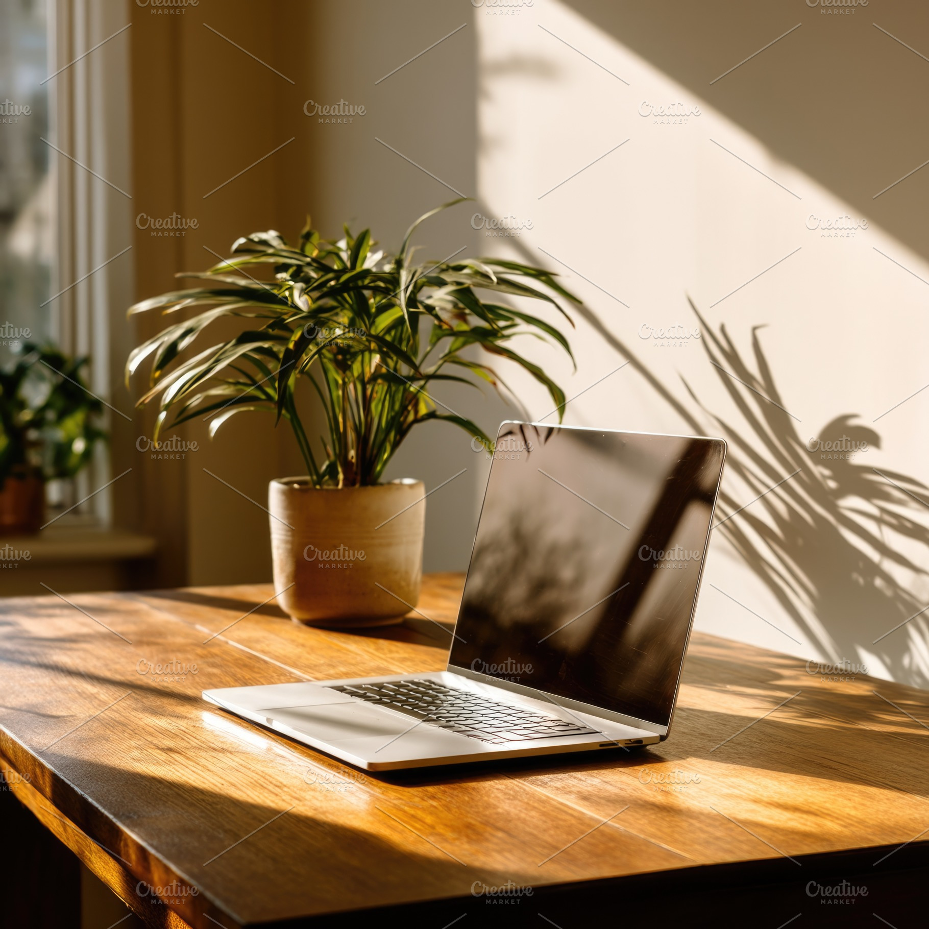 Laptop on Wooden Table with Houseplant in Warm Sunlight Home Off, a Beauty & Fashion Photo by José Manuel Gelpi