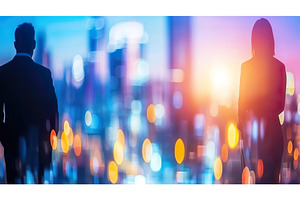 Blurred city lights silhouetting two, an Architecture Photo by Lermont51