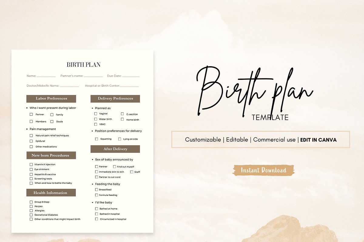 Cesarean Birth Plan Template, a Print Template by BrushstrokeArtGB (Photo 1 of 5)