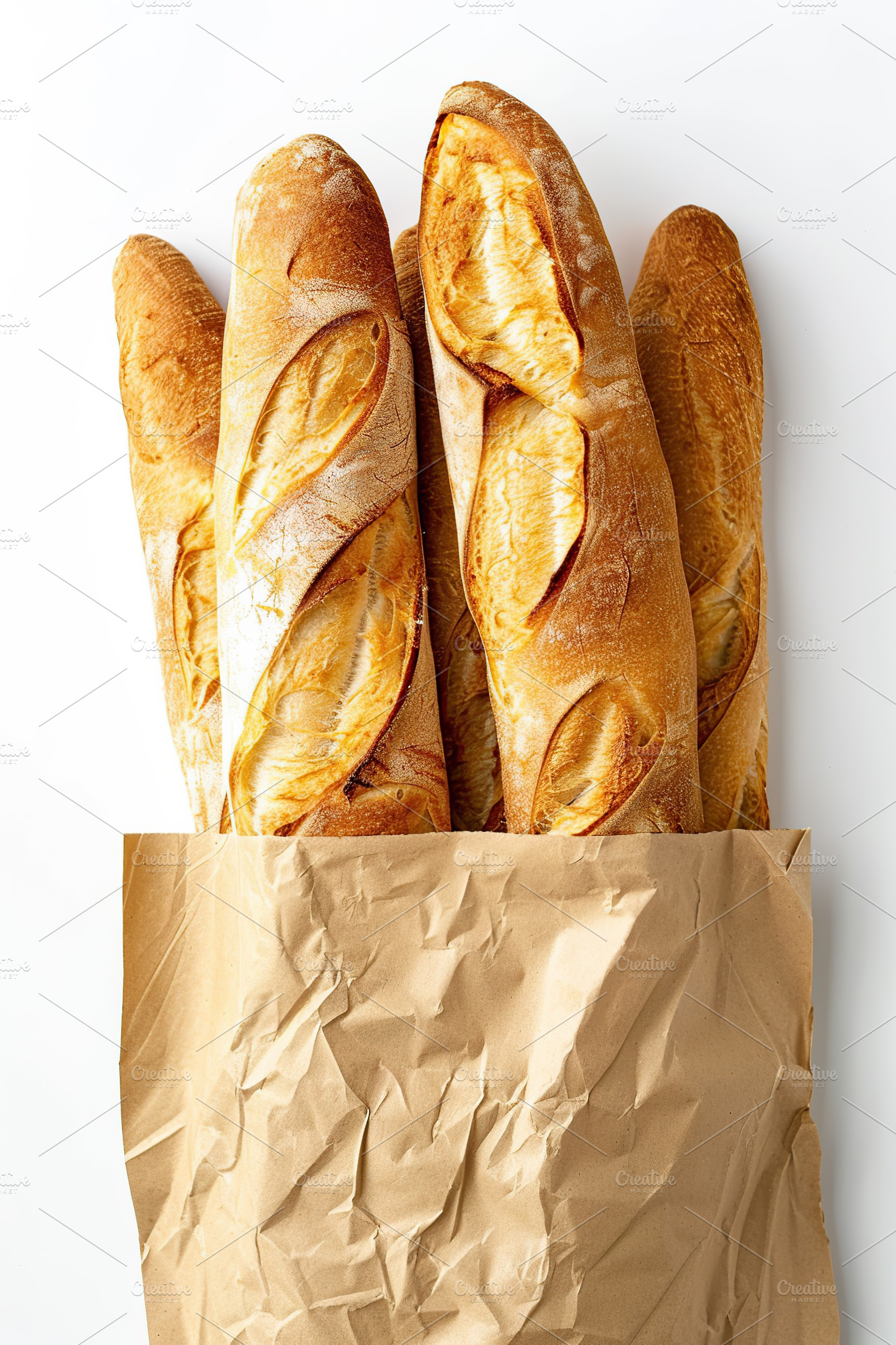 Freshly baked baguette in paper bag isolated on white background, a Food & Drink Photo by AlyaAnd