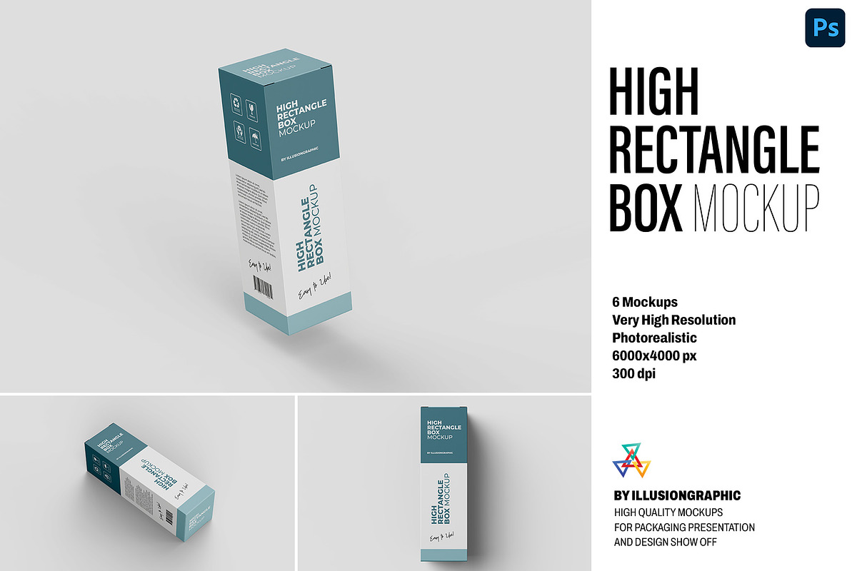 High Rectangle Box Mockup - 6 views, a Packaging Mockup by Illusiongraphic (Photo 1 of 19)