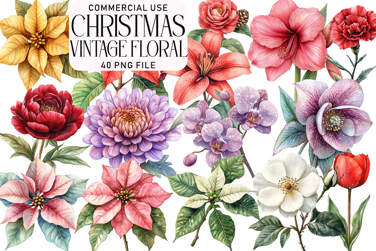 Vintage Floral Christmas Clipart Bun, an Illustration by Daily.Designs (Photo 1 of 5)