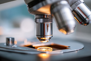 Microscope lens focusing on a glass slide, a Technology Photo by AlyaAnd