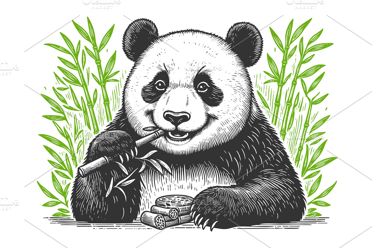 Cute Panda Eating Bamboo engraving, an Animal Illustration by AlexArt