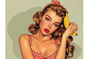 Retro Pin-Up Girl Holding Banana, a Person Illustration by AlexArt