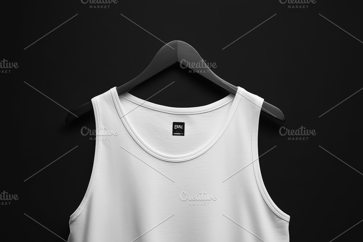 A plain white tank top mockup hanging on a black background, showcasing its sim, a Shirt Mockup by Textures & Backgrounds
