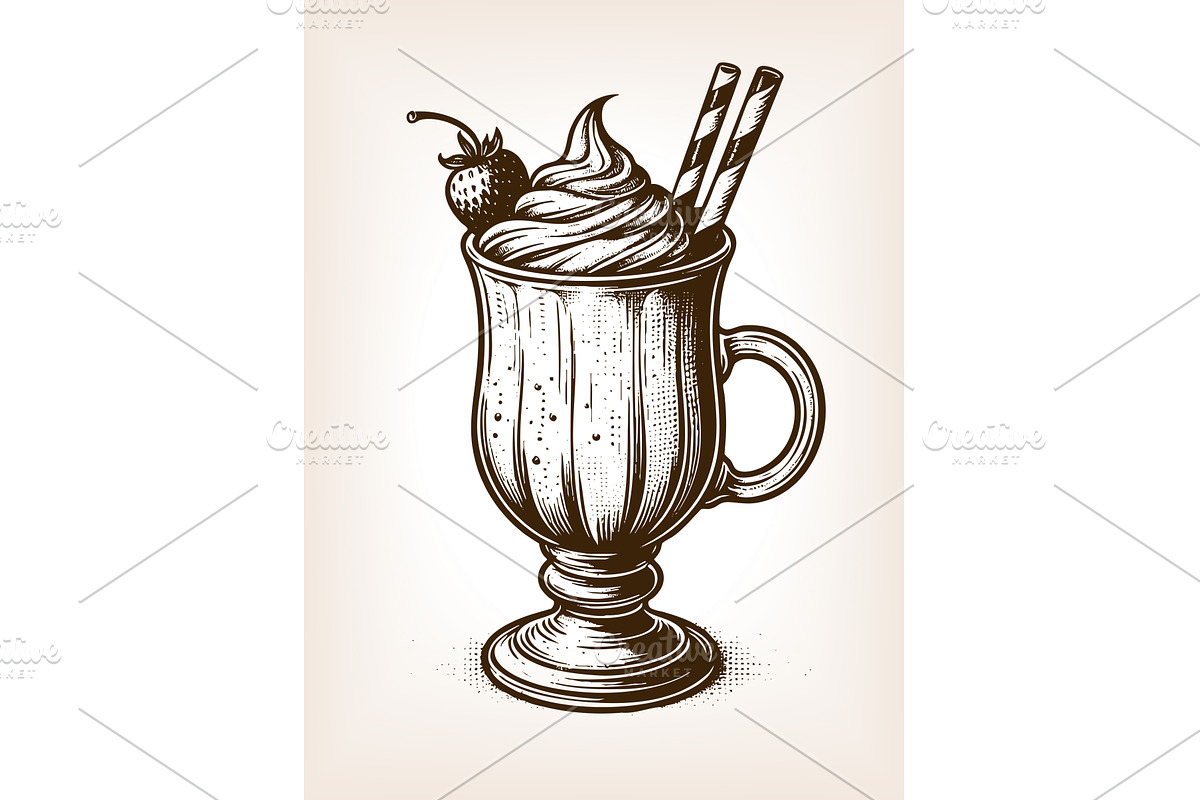 milkshake glass with cream vector, a Food Illustration by AlexArt