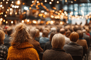 Audience attending a seminar in a lit industrial-style event space, a Person Photo by AS photostudio