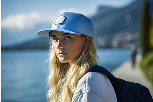 Backpack Cap Woman Lake. Generate Ai