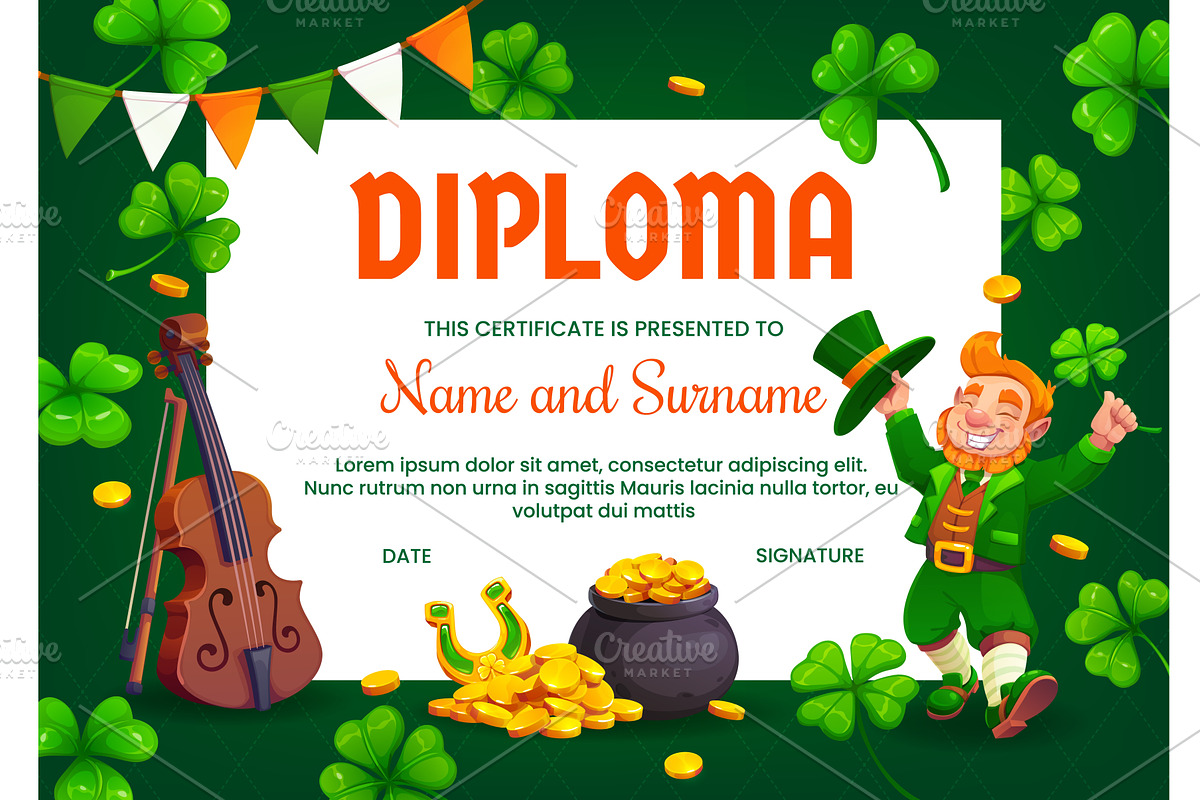 Kids diploma with leprechaun, clover, a Seasonal Illustration by Vector Tradition