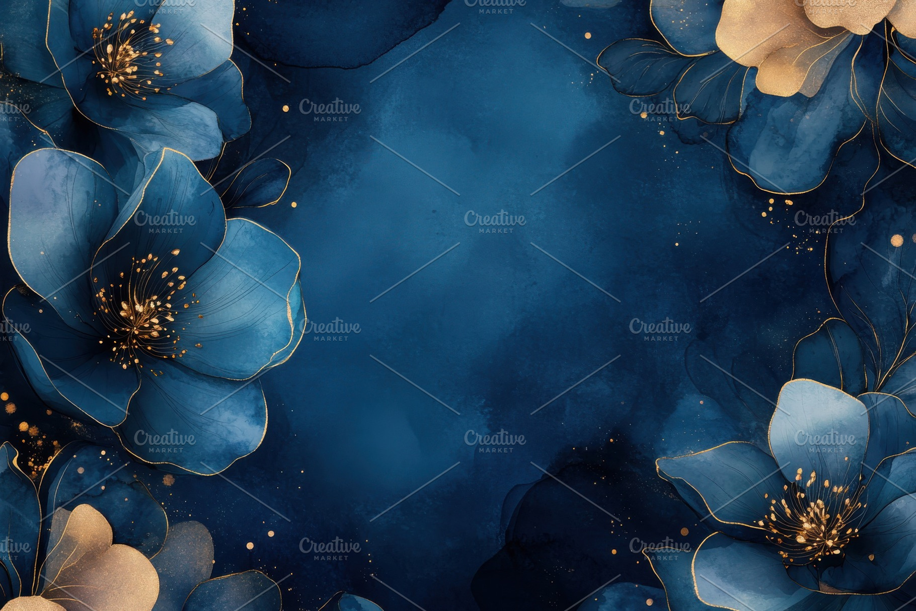 Elegant Blue Gold Flowers Artistic B, a Photo by Pixeness Studio