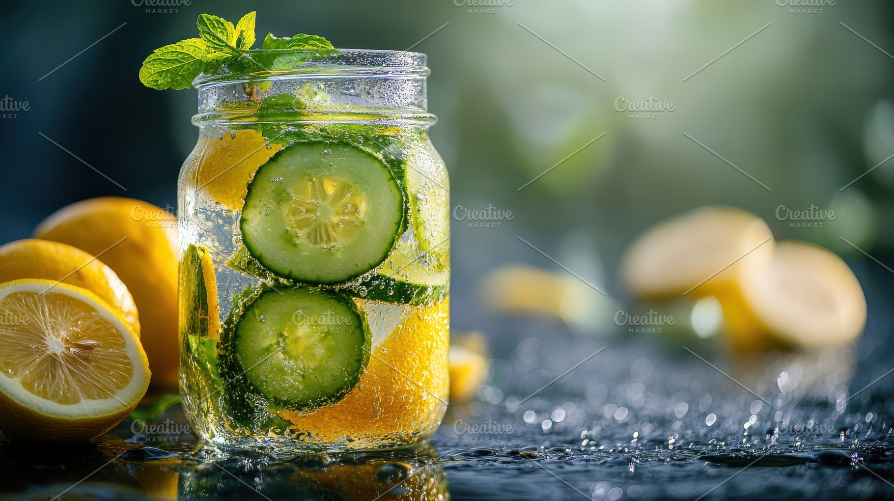 Refreshing drink with lemon, cucumbe, a Food & Drink Photo by Pixeness Studio