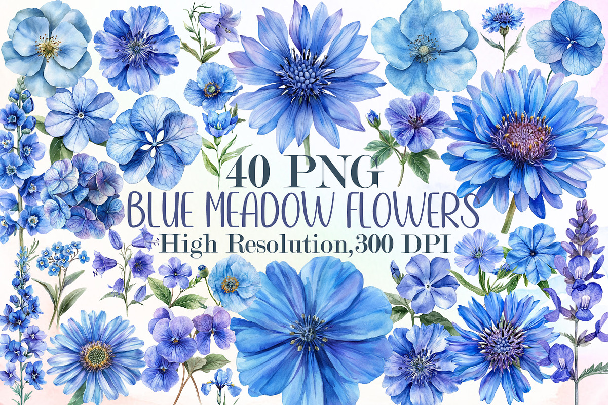 Watercolor Blue Meadow Flowers Clipa, an Illustration by Sublimation Artist (Photo 1 of 6)