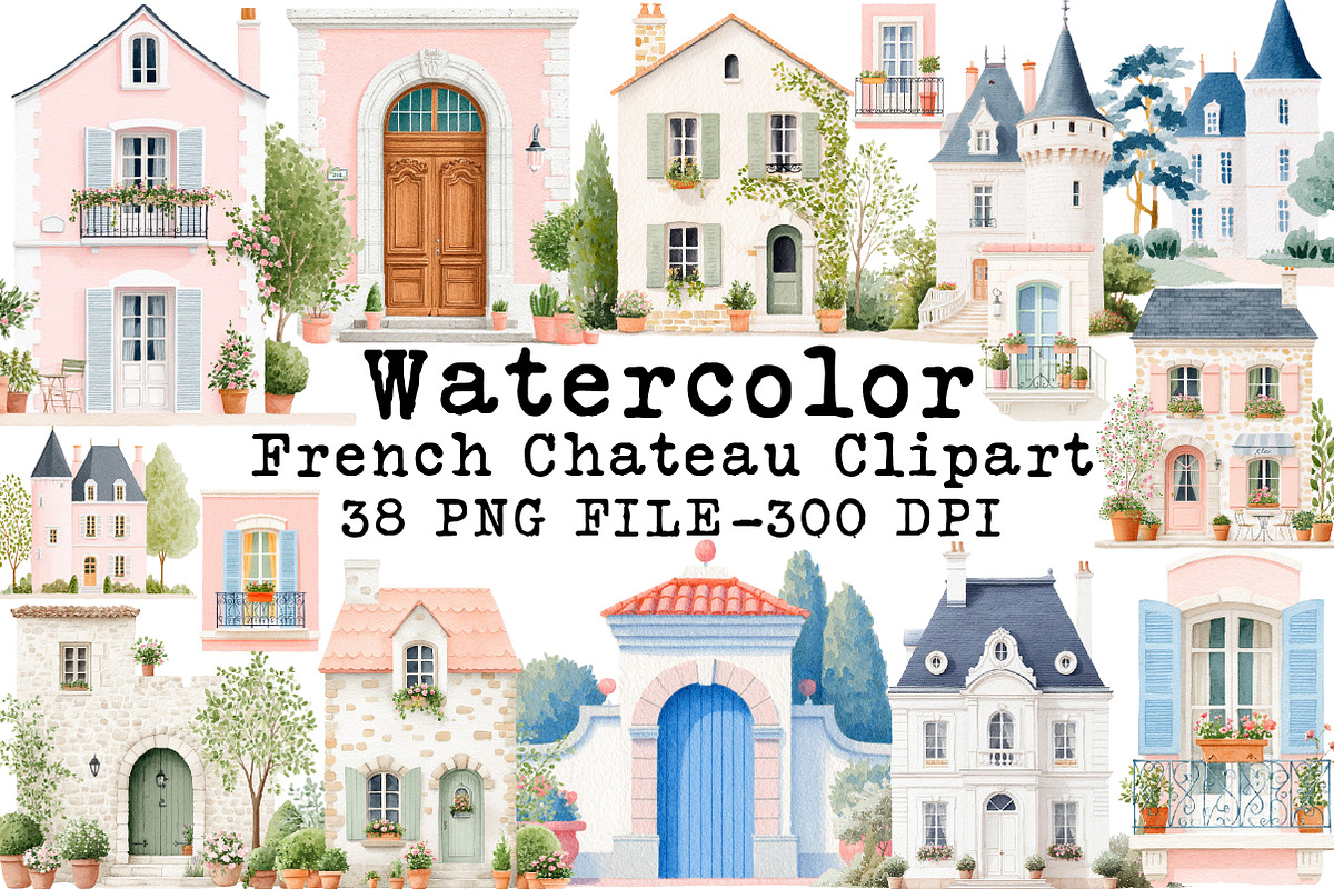 French Chateau Watercolor Clipart, an Illustration by Libby Wishes (Photo 1 of 7)