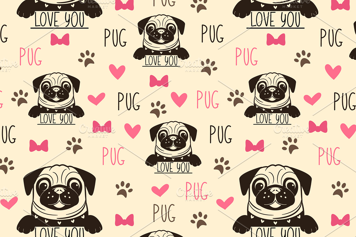Pug Seamless Patterns | Vector Files, an Animal Illustration by Elena Nesterova (Photo 4 of 7)
