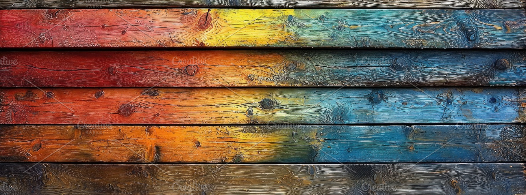 Horizontal wooden planks painted in a rainbow gradient with text, a Food & Drink Photo by José Manuel Gelpi