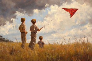 Boys flying a red kite in a golden, a Photo by Pavel_design