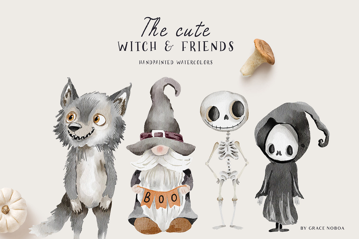 Cute Halloween watercolor clipart, a Seasonal Illustration by Grace Noboa Illustrations (Photo 2 of 12)