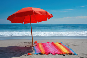 Bright red umbrella and blanket, a Photo by Pavel_design