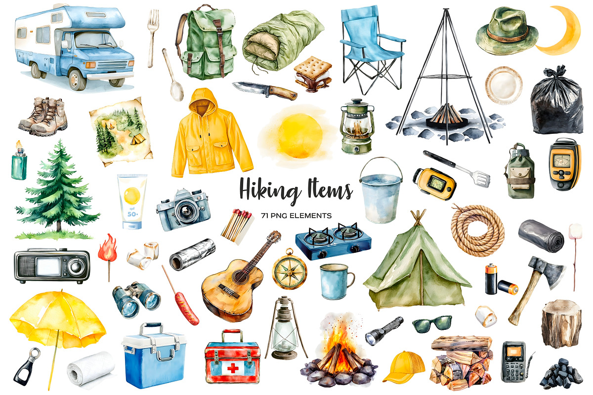 Watercolor camping clipart Hiking, an Object Illustration by Art and Funny (Photo 2 of 3)