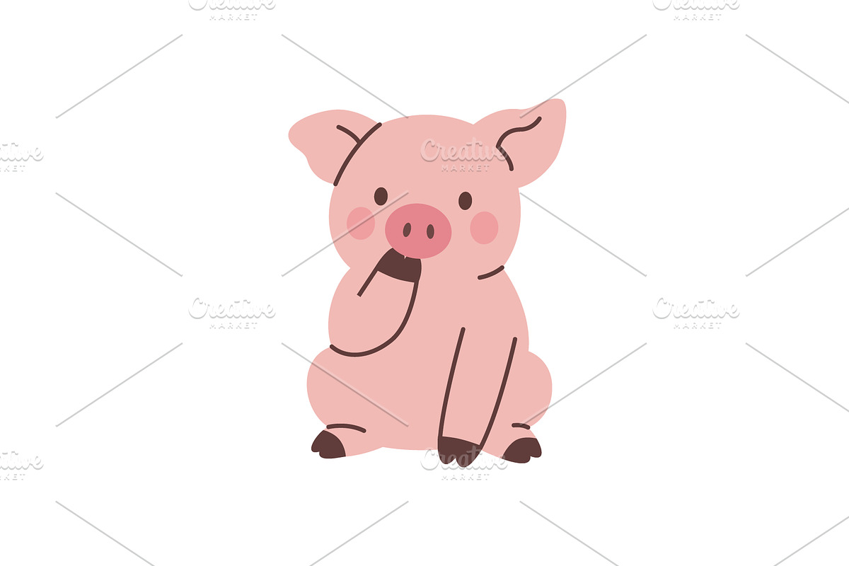Pink piglet sitting with hand on, an Animal Illustration by GraphiShop