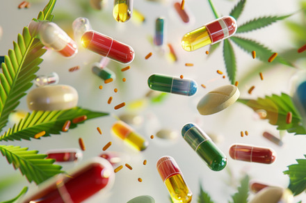 Colorful pills and cannabis leaves scattered on white background, a Photo by Dvoevnore photos